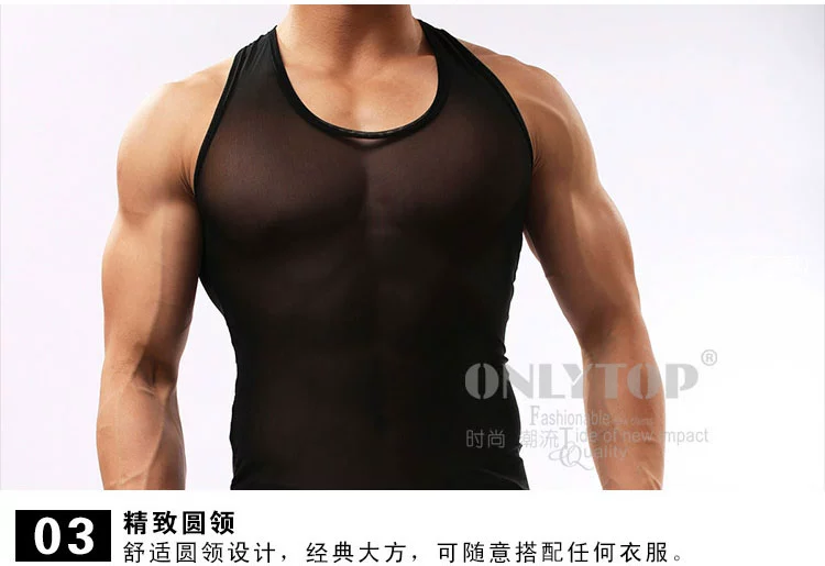 Lưới trong suốt vest T-Shirt nam băng lụa thoáng khí slashing cắt vai không tay áo mùa hè phần mỏng áo sơ mi nam áo bra 2 dây