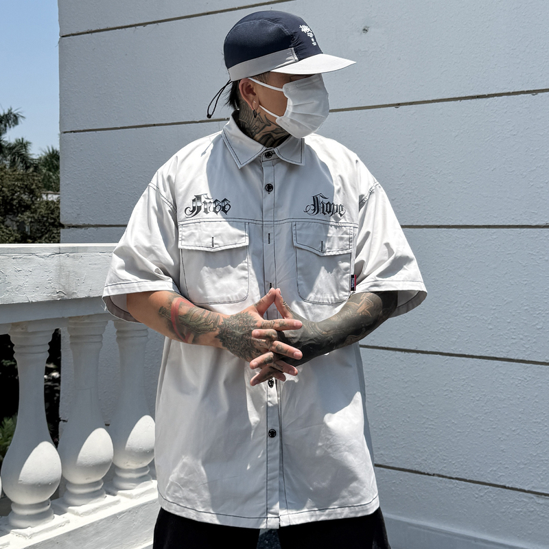 Trendy American Retro Printed Short-Sleeve Shirt for Men, Loose Fit, Trendy Brand, Large Size, Street Hip-Hop Shirt Jacket