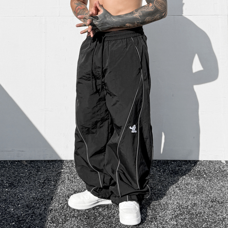Trendy Functional Reflective Stripe Jogger Pants for Men, Loose Street Style Casual Pants, Quick-Drying Thin Straight-Leg Pants