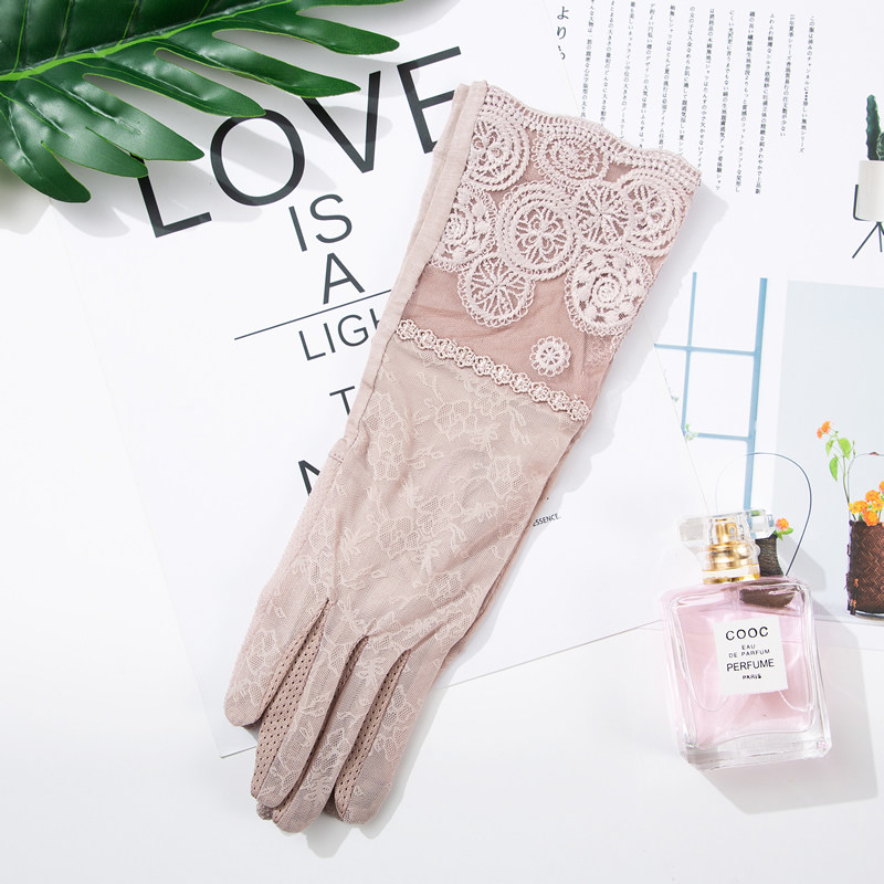 Spring and summer ice silk lace embroidery women's sun protection gloves mid-length anti-UV riding touch screen arm sleeves