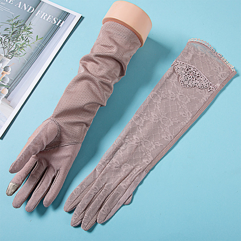 Spring and summer sun protection gloves for ladies mid-length ice silk lace touch screen non-slip riding and driving sunshade outdoor arm sleeves