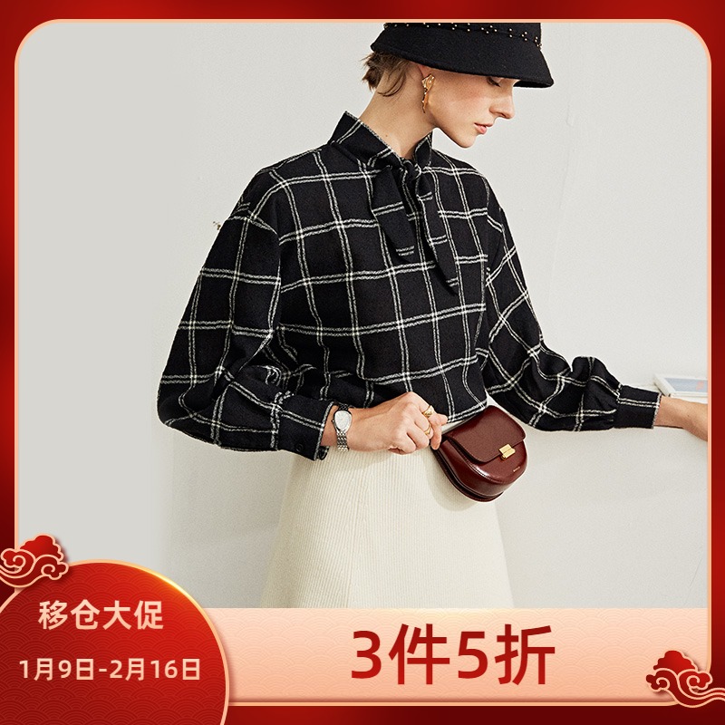 D home window grid retro light fashion lightweight high warm wool shirt women W22492