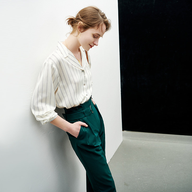 D French bloggers feel gentle sweet corn silky satin striped shirt MW22966