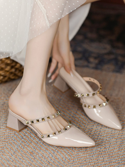 Muller High Heels, spitzer Zehenbereich, dicker Absatz, Zehen-Zehen-Schlepp, mittlerer Absatz, nackte Nieten, Rock, Halbpantoffeln für Damen