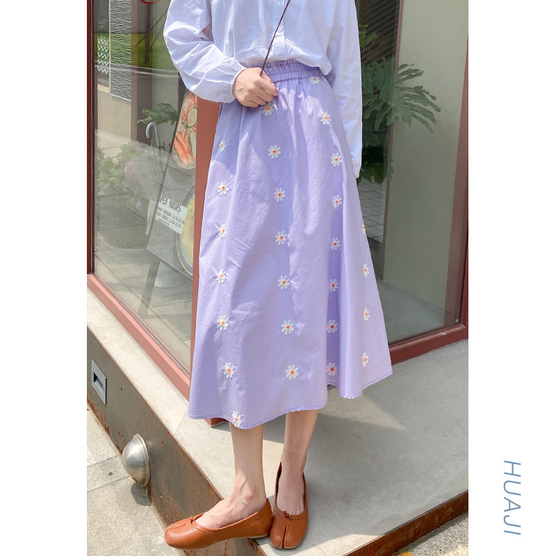 Huaji Q155 White Flower Embroidered Cotton Elastic Waist Covering Hip Skirt A-Line Skirt Mid-Length Gentle Short Skirt