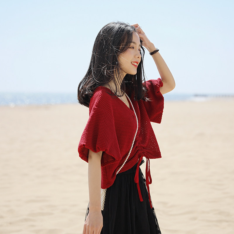 Flower gig A041 red short sleeve loose short Bubble Cuff machine T-shirt Female Dew Navel Blouse Summer 2022 New