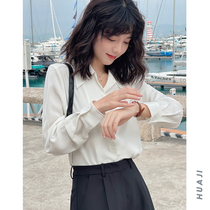 Flower Ji A746 white glossy French suit collar shirt Womens New 2021 spring wear pink shirt