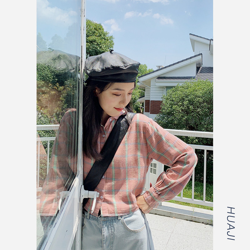 Hua ji careful machine short plaid shirt women's retro port taste pure cotton spring and autumn long-sleeved 2021 new shirt A179