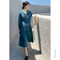 Flower gig Q139 green small sub-reduced-age display slim waist belt close-feeling Long sleeves one-piece dress 2021 New