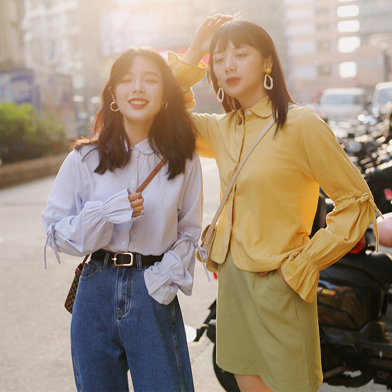 Flower gig blue French style retro shirt woman design feeling small crowdspring autumn long sleeves 2021 Spring new A407