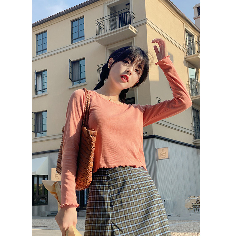 Flower gig A550 white wave long sleeve salt tether thread knit T-shirt woman 2022 new 100 hitch skinny blouse