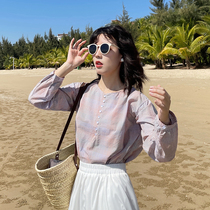 Flower Ji A772 does not hit the shirt color round neck pullover cotton plaid tie-dyed shirt Womens New 2021 shirt