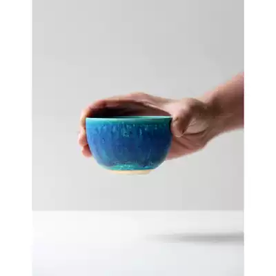 Spot Japanese imported letter paste burnt hand made rough pottery blue glaze 140 ml Japanese fried tea cup big mouth Cup