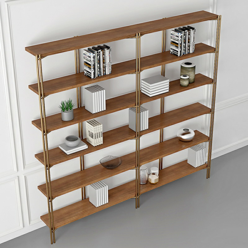 Nordic gold shelf Floor-to-ceiling wall bookcase Wrought iron solid wood living room storage creative shelf lattice display rack