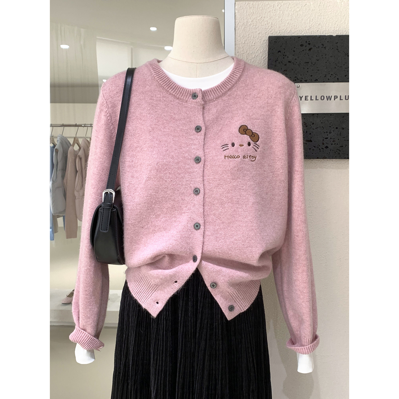 Sweet and Cool Girly Hello Kitty Embroidered Raccoon Velvet Knit Cardigan, Soft, Comfortable, Cute and Age-Reducing Sweater