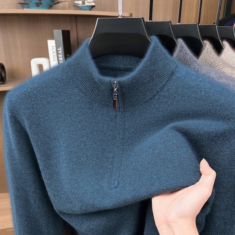 100% Cashmere Men's Half-Zip Stand-Collar Sweater from Ordos City, Blue Knitwear, Warm Base Layer