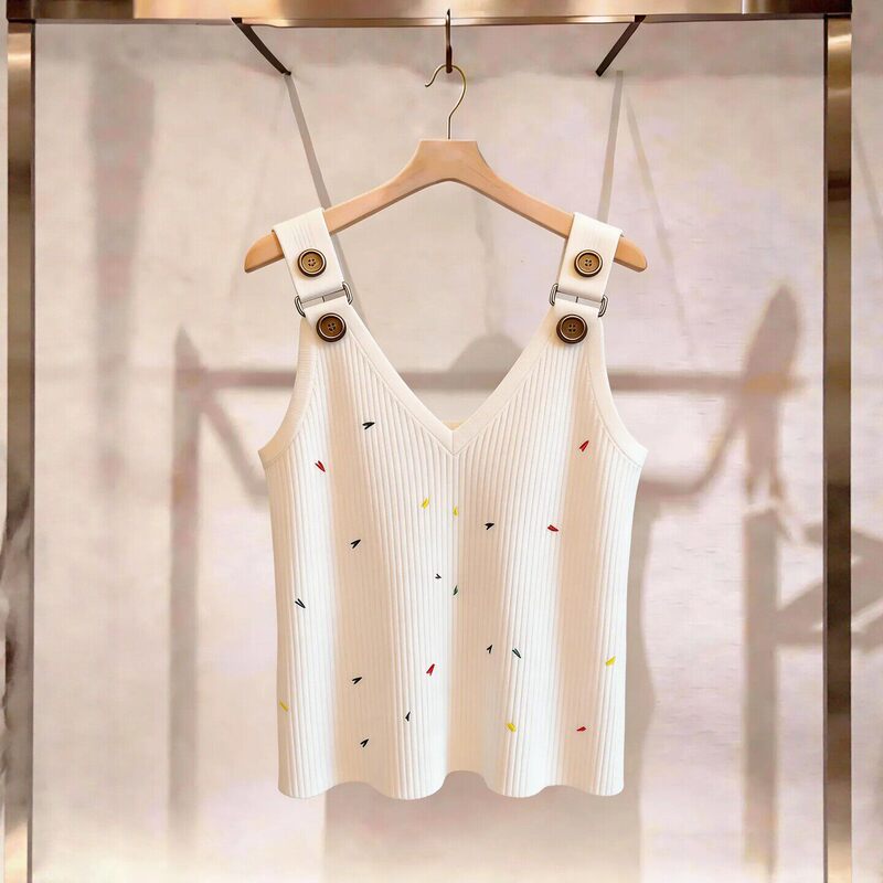 Shenzhen Nanyou Big Brand Women's Clothing ~ French-Style Colorful Small Embroidery V-Neck Button Knit Camisole Inner Top