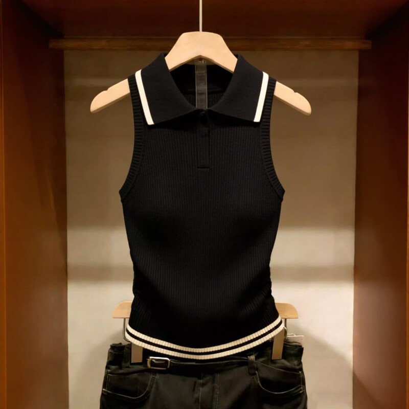 Shenzhen Nanyou Big Brand Women's Clothing Color-Block Striped Lapel Sleeveless Knitted Vest Women's Summer Slim-Fit Black Top Trendy Shenzhen Nanyou Big Brand Women's Clothing Color-Block Striped Lapel Sleeveless Knitted Vest Women's Summer Slim-Fit Black Top Trendy