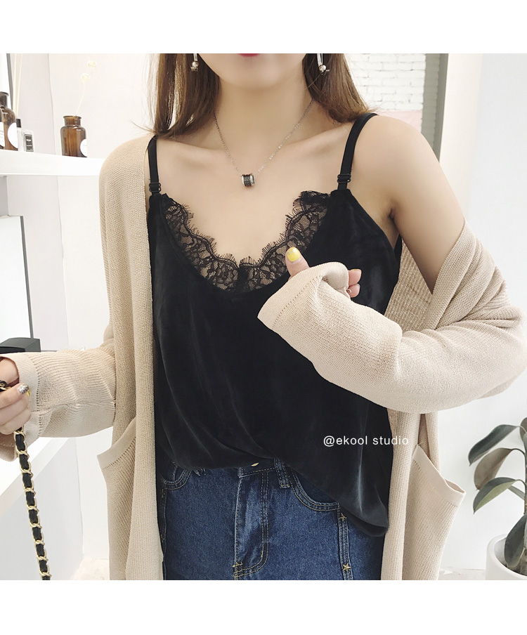 EKOOL retro nhung khâu ren yếm nữ phiên bản Hàn Quốc của mùa thu đơn giản áo sơ mi mỏng đáy đa năng áo vest nữ hàn quốc