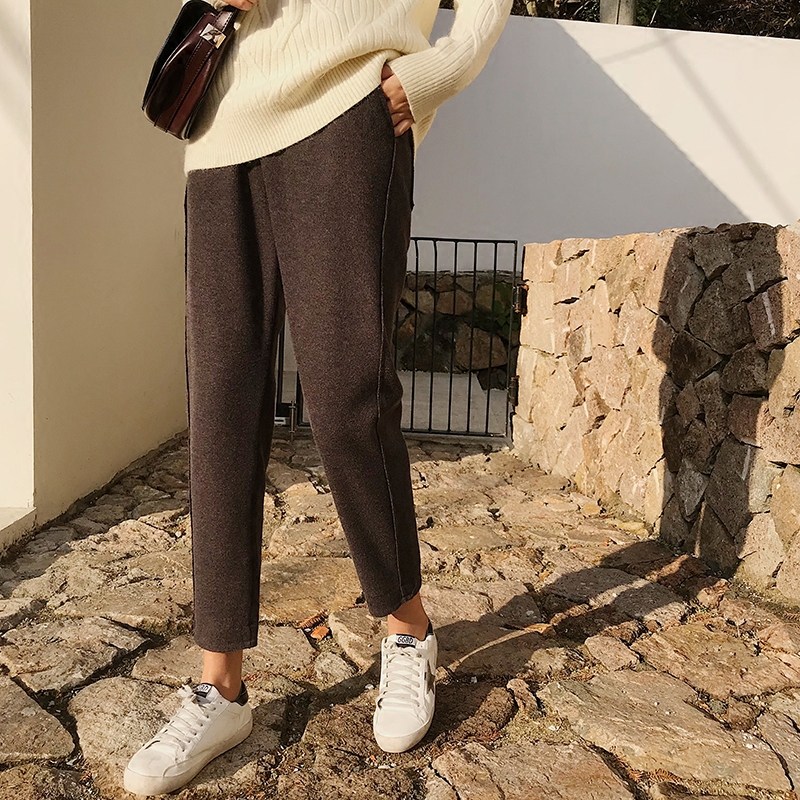 EKOO秋冬毛呢裤宽松韩版锥形休闲西装裤烟管裤哈伦裤女小脚长裤子