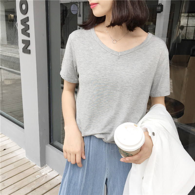 EKOOL不起球不变形基础百搭V领莫代尔短袖T恤简约女打底衫