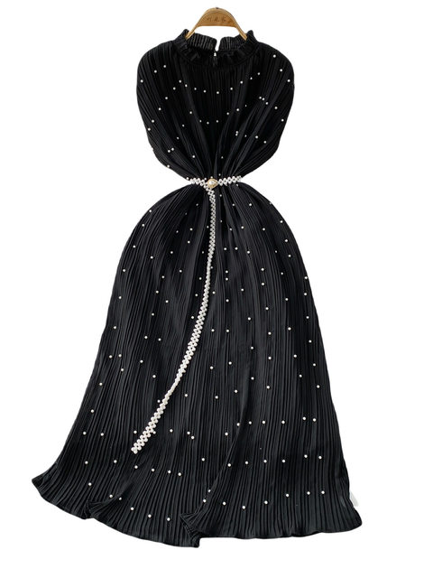 Elegant Socialite Style Heavy Pearl Trim Round Neck Dress for Women, New Summer Waist-Cinching Slimming Pleated Long Dress