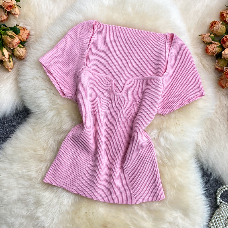 Women's Knitwear Short Sleeve Blouses Pleated Simple Style Solid Color display picture 7