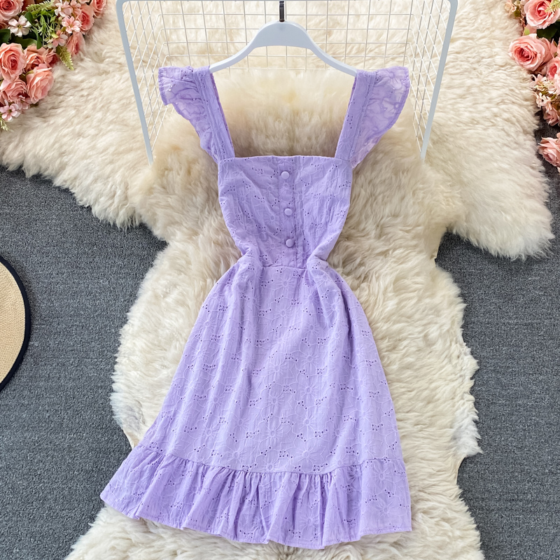 Violet2021 summer new pattern temperament backless Medium and long term Ruffles Self cultivation camisole Dress Hollow out Embroidery Fairy Dress
