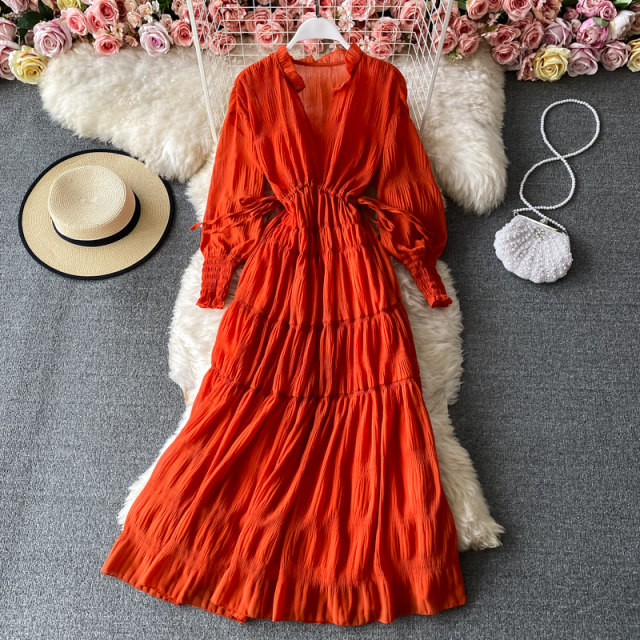 V-neck chiffon dress new seaside holiday desert large swing long skirt Thailand travel Bali beach skirt women