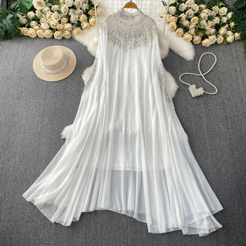 European and American Style Niche Heavy Embroidery Beaded Sequin Long-Sleeve Dress for Women, Summer Loose Fit, Tummy-Concealing, Slimming Long Dress