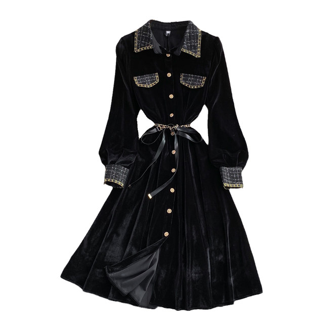 Autumn and winter French retro high-end light luxury waist tie lapel velvet dress elegant temperament large swing dress