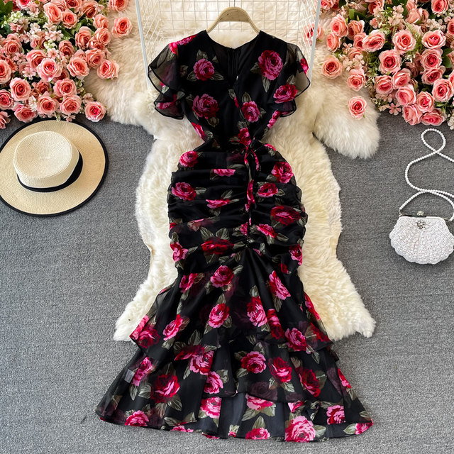 Summer ruffles waist slim temperament lady V-neck bag hip fishtail chiffon dress fashion dress skirt