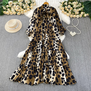 French-Style Light Mature Print Lace-Up V-Neck Long-Sleeve Dress for Women, Autumn Loose Fit, Tummy-Concealing, Slimming, Ruffled Long Dress