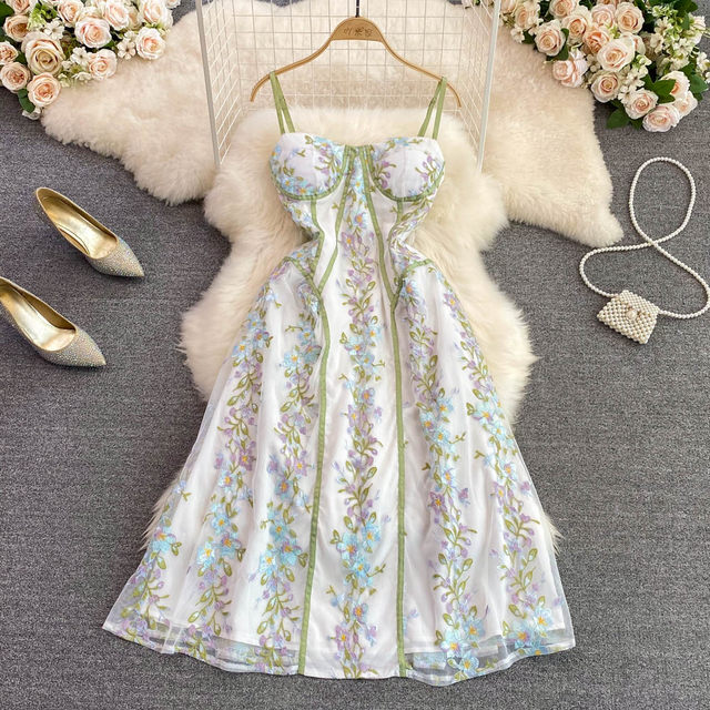 Pure Desire Floral Suspender Dress 2023 Summer Slim Waist Sleeveless Backless A-Line Chiffon Swing Dress