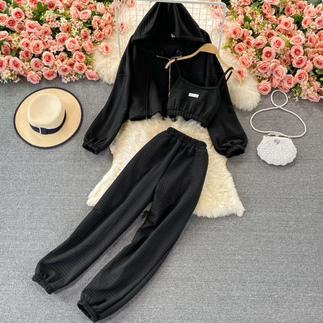 Beam harem pants show thin high waist casual nine points carrot pants three-piece suit camisole zipper hooded sweater