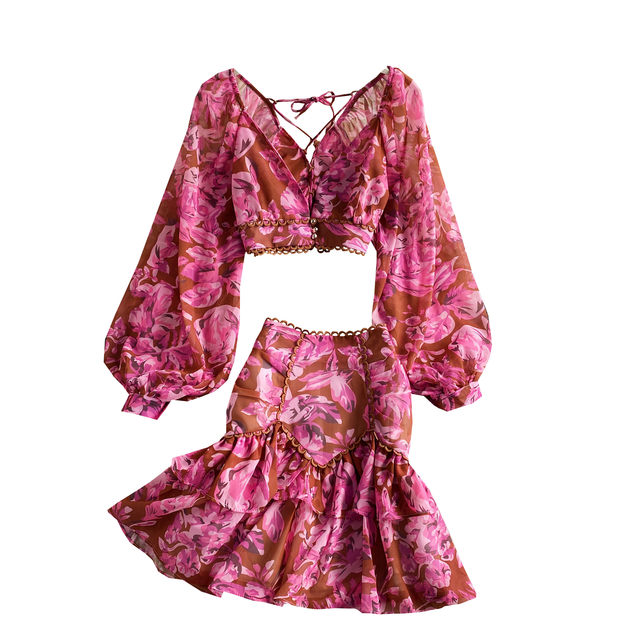 Spring and Autumn High Waist Deep V-neck Lantern Sleeve Short Chiffon Shirt Top Two-piece Women's High Waist Floral Hip Skirt