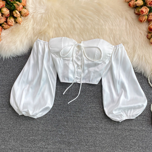 Sexy off-the-shoulder white shirt women's sexy off-the-shoulder tube top puff sleeves short cropped navel chic top summer