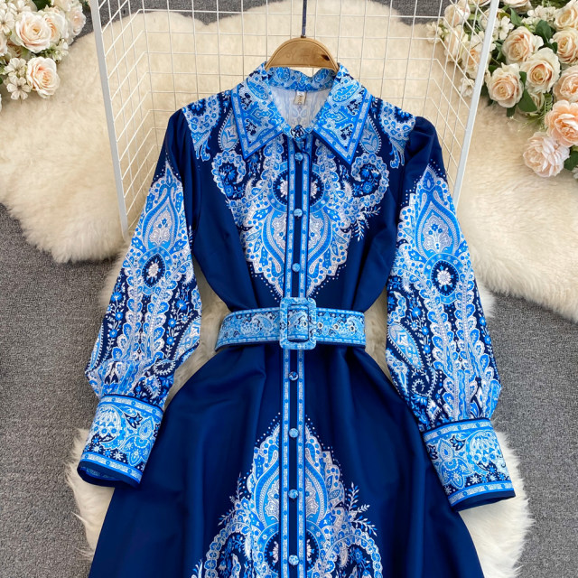 Retro palace temperament lapel waist slimming positioning printed single-breasted A-line dress elegant dress long skirt