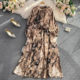 Autumn high-quality temperament round neck oil painting printing long sleeve waist slimming a-line dress elegant large swing long skirt