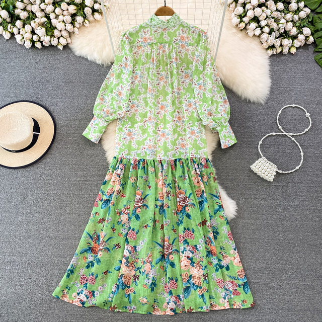 European and American retro temperament lantern long-sleeved stand-up collar waist slimming single-breasted A-line floral dress elegant long skirt