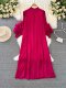 High-End Ladylike Pleated Lantern Long-Sleeved Stand-Up Collar Loose A-Line Solid Color Dress Elegant Long Dress