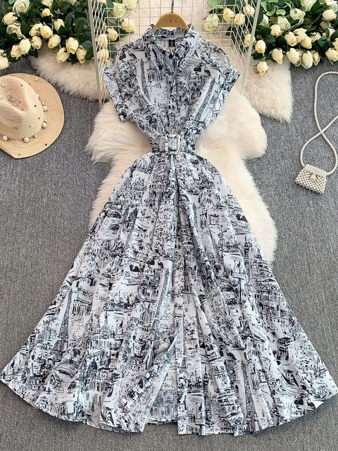 European and American style niche ink painting printed lapel shirt dress women's French lace-up waist slimming long skirt