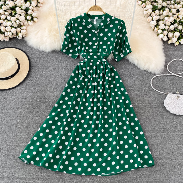 2022 summer French retro waist and thin bubble short-sleeved V-neck a-line dress elegant temperament large swing dress