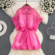 2023 Korean version of the new design sense stand-up collar micro-permeable light chiffon bat sleeve dress suspenders two-piece set for women