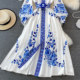 Spring new palace style blue and white porcelain print stand-up collar single-breasted dress dress elegant temperament large swing dress