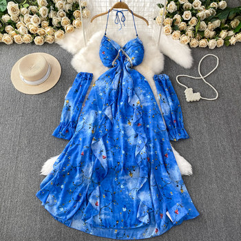French-Style Elegant V-Neck Halter Dress for Women, High-End Tassel High-Waist Dress with Elegant Sleeves, Floral Ruffle Long Dress