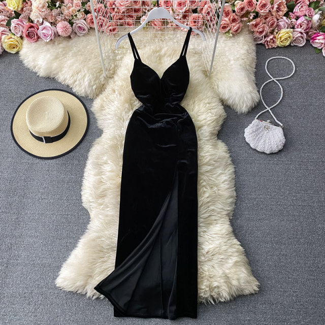 Retro velvet strap tube top dress