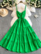 French-Style Design, Hollow-Out Backless Spaghetti Strap Dress for Women, Summer Waist-Cinching Slimming Long Dress with Large Flared Ruffles
