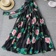 French retro light familiar style floral suspender dress summer waist thin temperament goddess fan print large swing dress