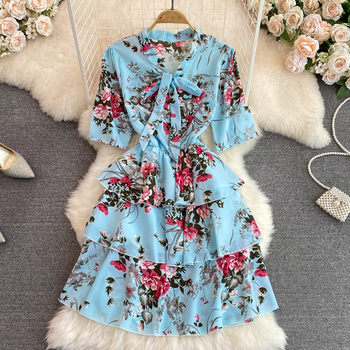 2022 summer light and familiar temperament round neck bow tie waist thin a-line ruffled floral dress